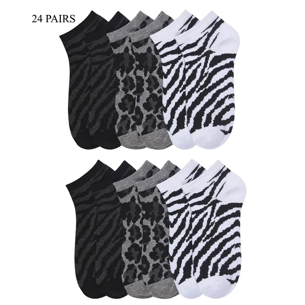 24 Pairs Lot Wholesale Women Casual Low Cut Ankle Socks Zebra Animal Print 9-11