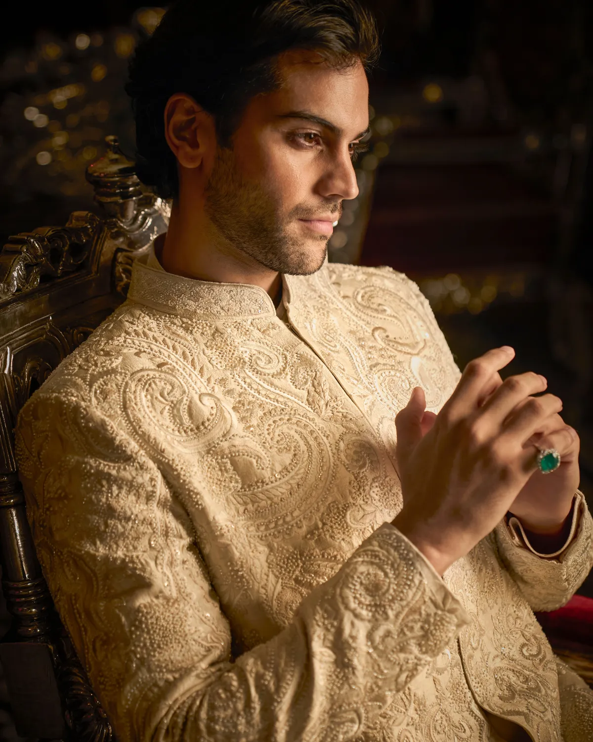 Cream Abstract Sherwani Set