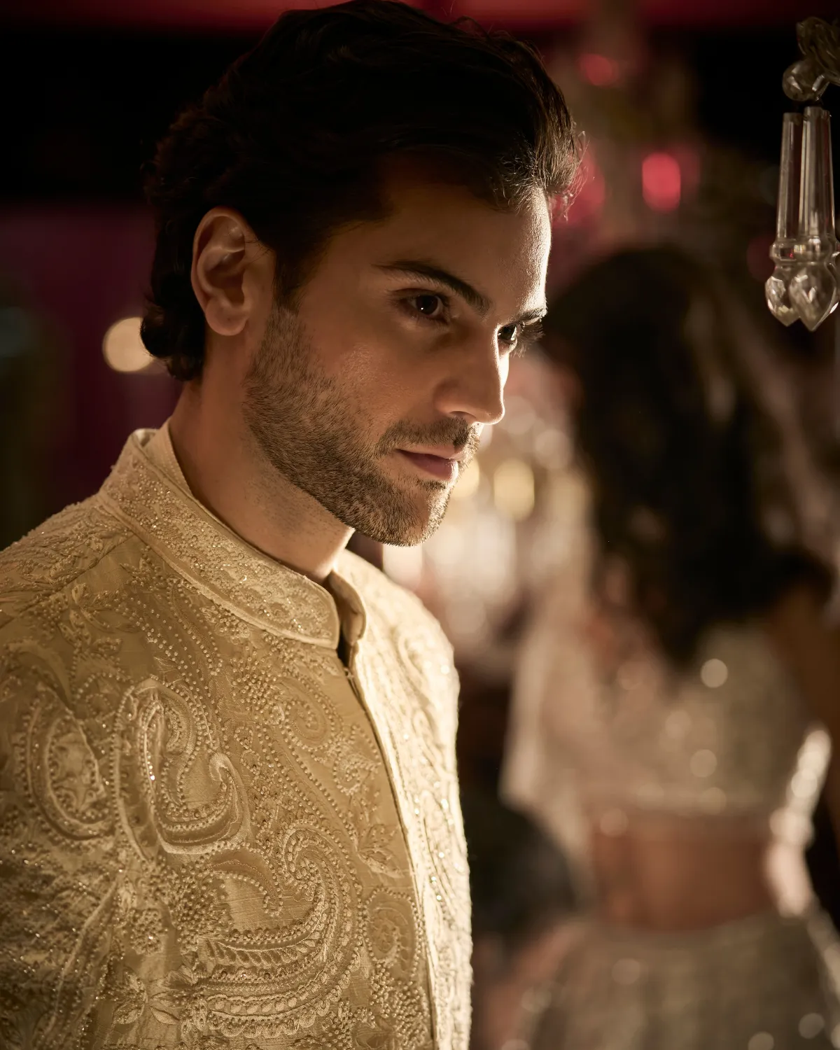 Cream Abstract Sherwani Set