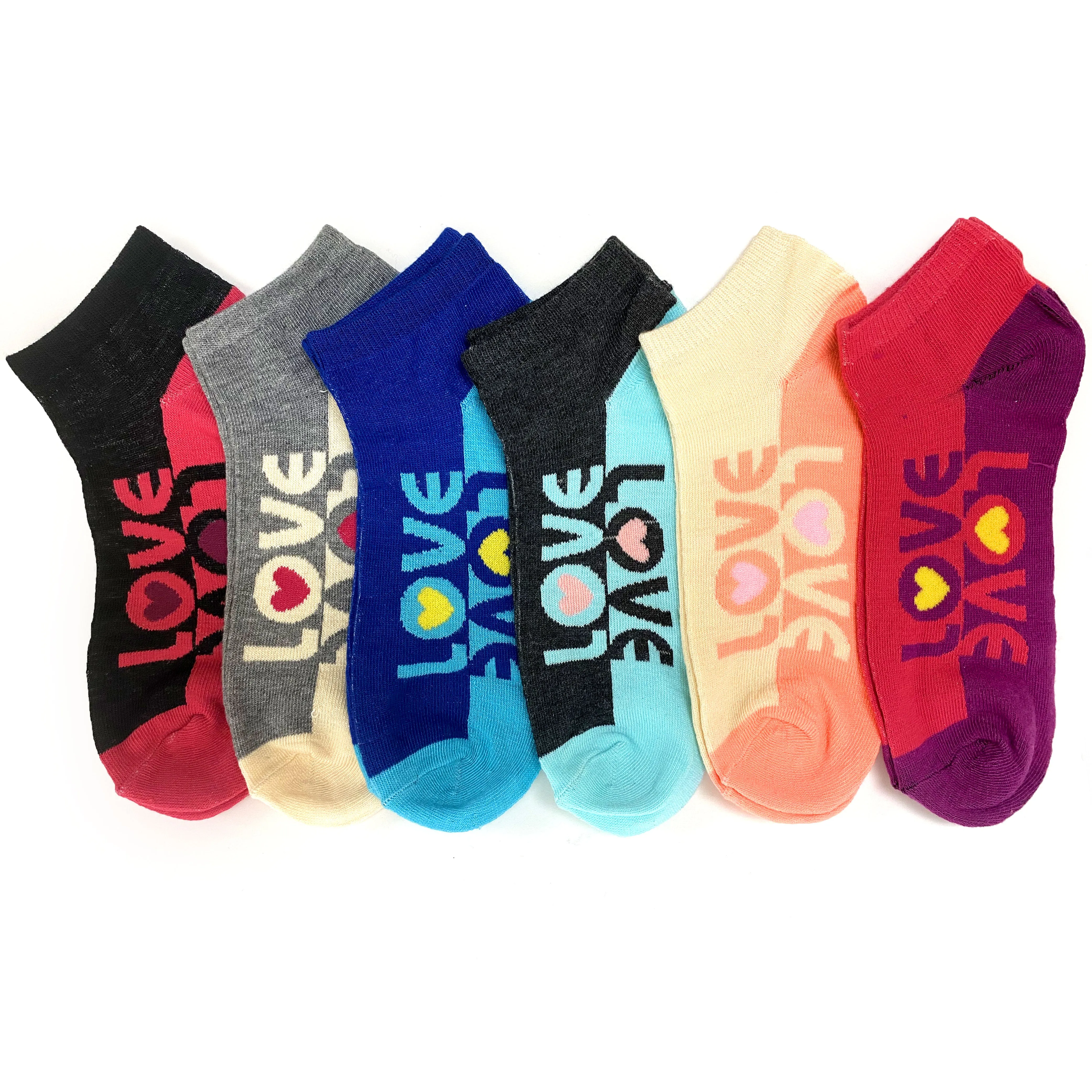 Lot 24 Pair Women's Socks Love Ankle Low Cut Casual Multi Color Cotton Size 9-11
