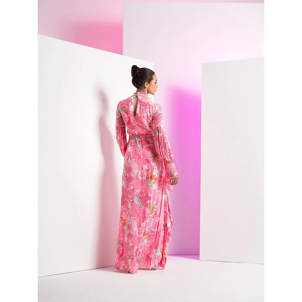MANDIRA WIRK Lush Pink Printed Front Wrap Cowl Asymmetrical Maxi Dress