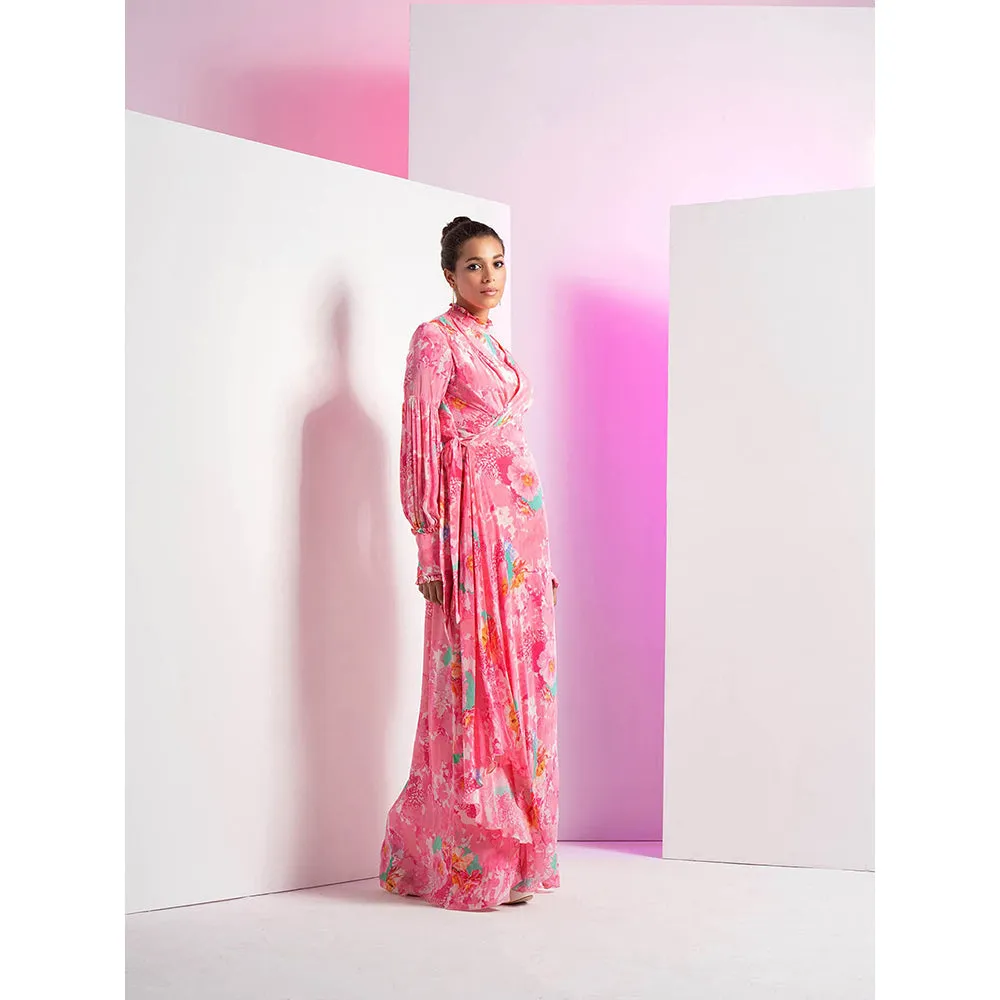 MANDIRA WIRK Lush Pink Printed Front Wrap Cowl Asymmetrical Maxi Dress