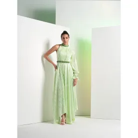 MANDIRA WIRK Mint Green Embroidered Heat Pleat Asymmetrical Dress with Belt (Set of 2)