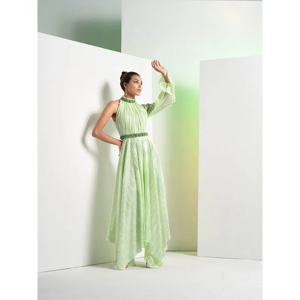MANDIRA WIRK Mint Green Embroidered Heat Pleat Asymmetrical Dress with Belt (Set of 2)