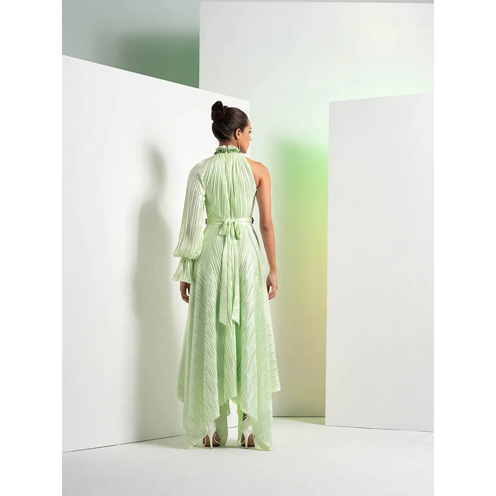 MANDIRA WIRK Mint Green Embroidered Heat Pleat Asymmetrical Dress with Belt (Set of 2)