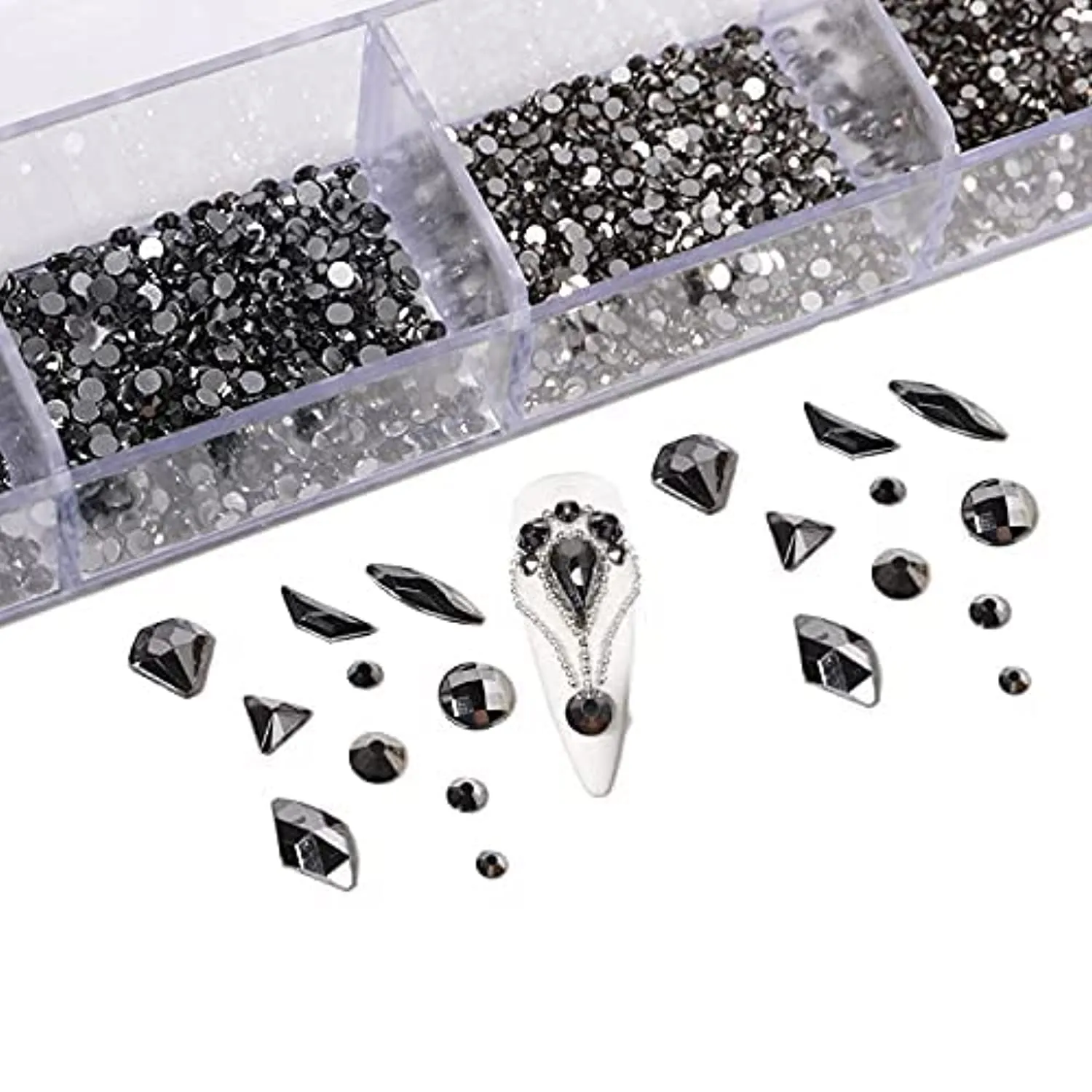 Yzzseven 12 Types of 600 Diamonds  2500 Flat Rhinestones Mix 20 Styles Flatback Rhinestone Crystals 3D Decorations Flat Back Stones Gems Set for for Nail Art DIY|（Mine black）