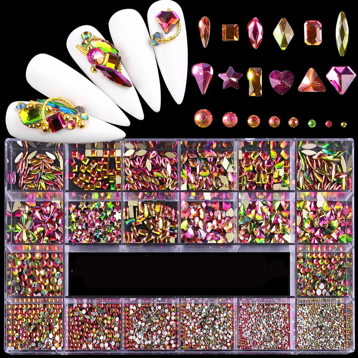Yzzseven 12 Types of 600 Diamonds  2500 Flat Rhinestones Mix 20 Styles Flatback Rhinestone Crystals 3D Decorations Flat Back Stones Gems Set for for Nail Art DIY|（Mine black）