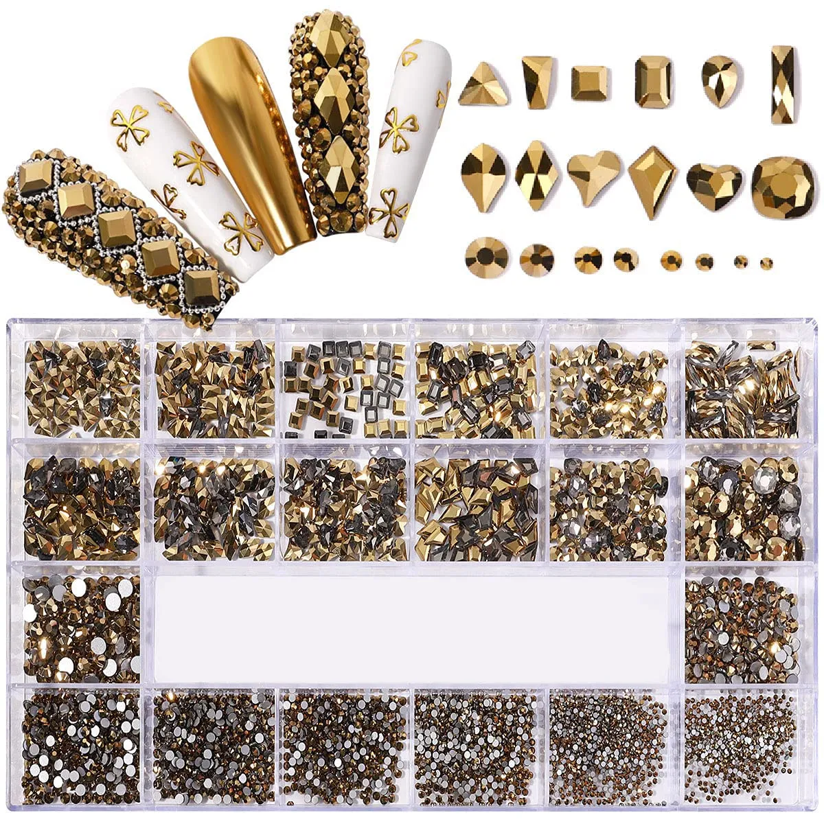 Yzzseven 12 Types of 600 Diamonds  2500 Flat Rhinestones Mix 20 Styles Flatback Rhinestone Crystals 3D Decorations Flat Back Stones Gems Set for for Nail Art DIY|（Mine black）