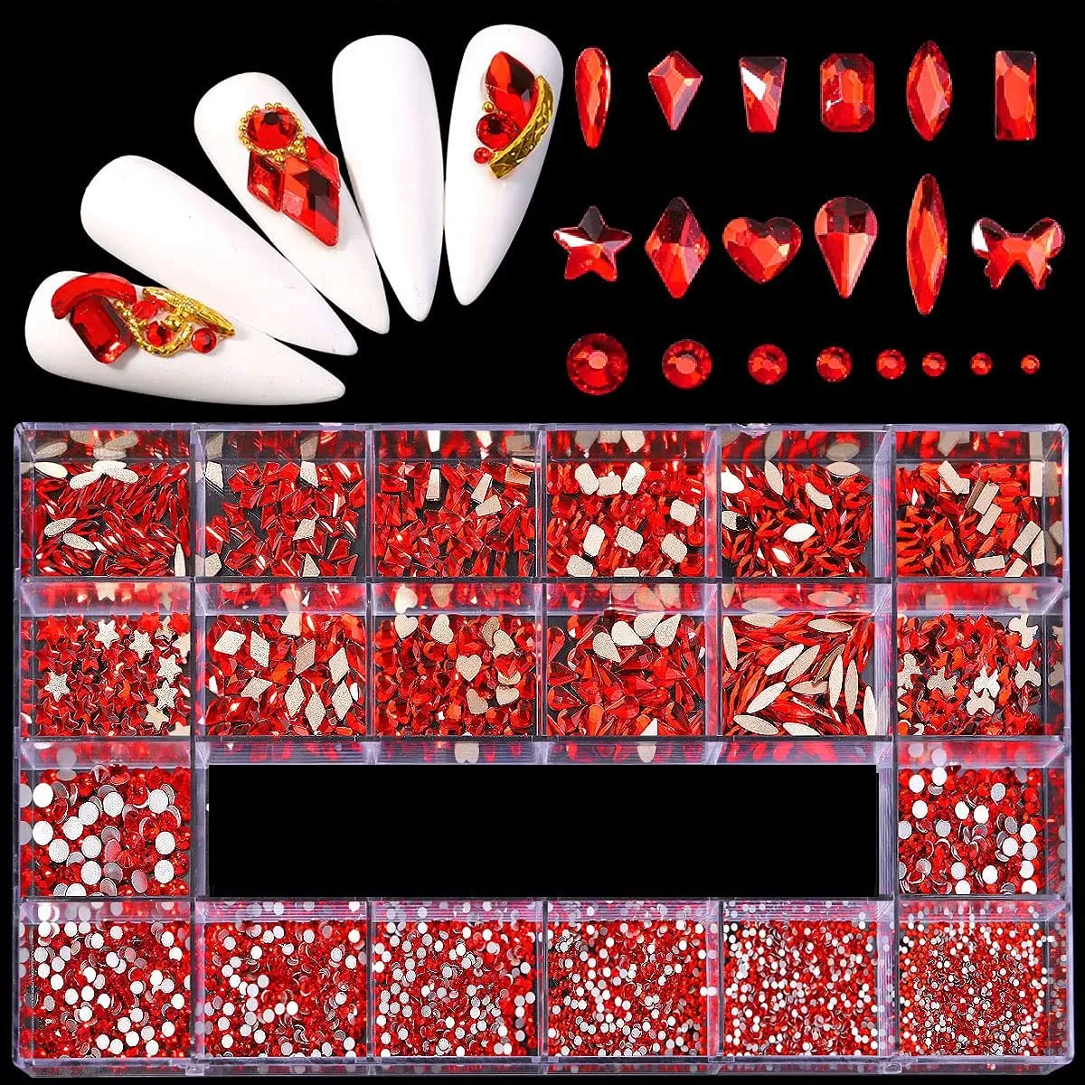 Yzzseven 12 Types of 600 Diamonds  2500 Flat Rhinestones Mix 20 Styles Flatback Rhinestone Crystals 3D Decorations Flat Back Stones Gems Set for for Nail Art DIY|（Mine black）