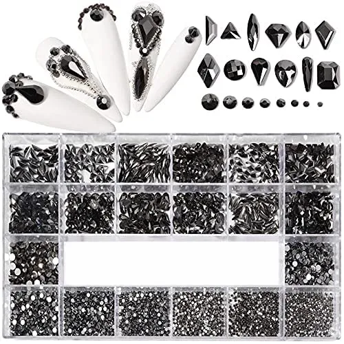 Yzzseven 12 Types of 600 Diamonds  2500 Flat Rhinestones Mix 20 Styles Flatback Rhinestone Crystals 3D Decorations Flat Back Stones Gems Set for for Nail Art DIY|（Mine black）