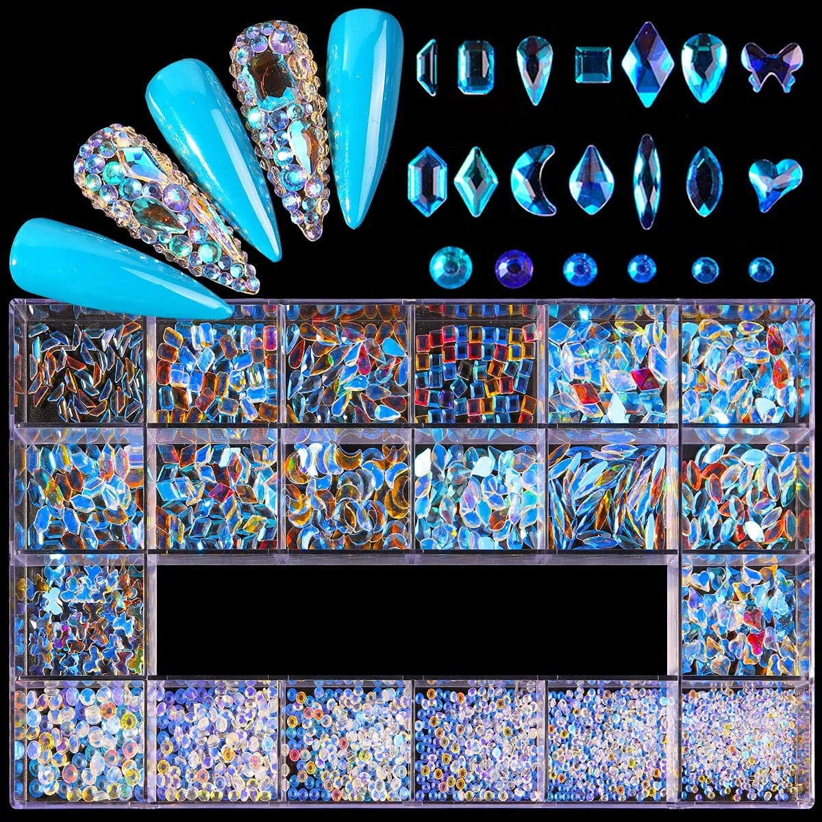 Yzzseven 12 Types of 600 Diamonds  2500 Flat Rhinestones Mix 20 Styles Flatback Rhinestone Crystals 3D Decorations Flat Back Stones Gems Set for for Nail Art DIY|（Mine black）