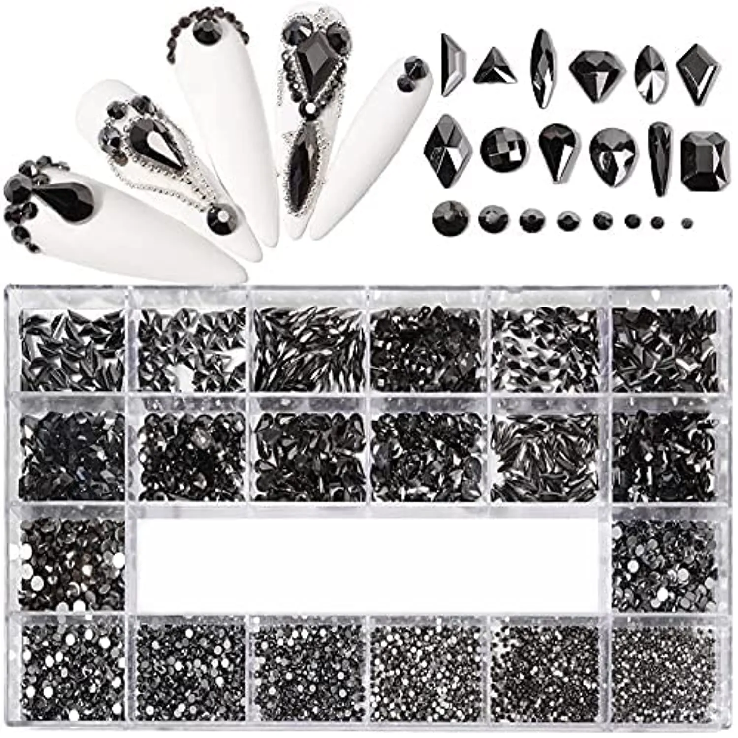 Yzzseven 12 Types of 600 Diamonds  2500 Flat Rhinestones Mix 20 Styles Flatback Rhinestone Crystals 3D Decorations Flat Back Stones Gems Set for for Nail Art DIY|（Mine black）