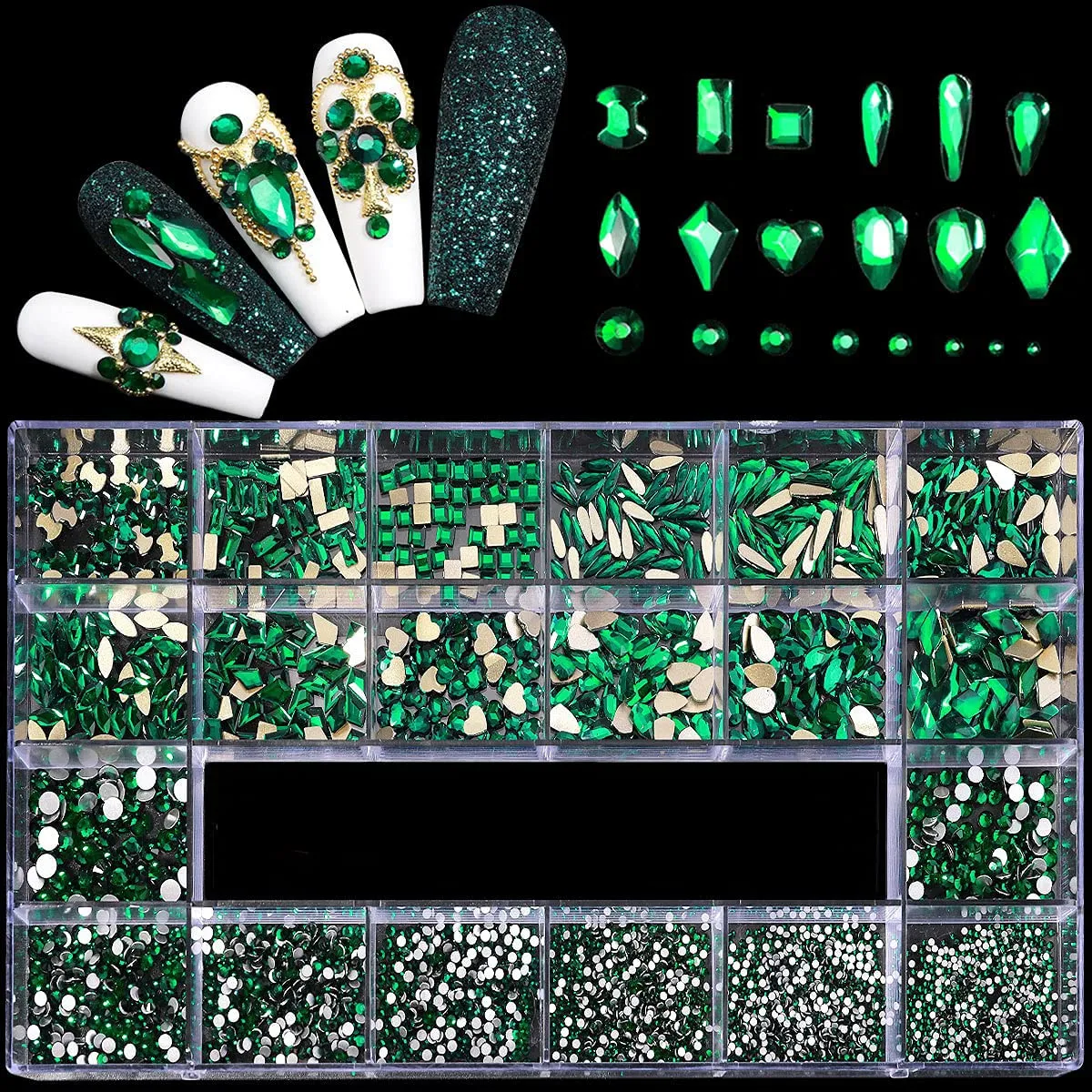 Yzzseven 12 Types of 600 Diamonds  2500 Flat Rhinestones Mix 20 Styles Flatback Rhinestone Crystals 3D Decorations Flat Back Stones Gems Set for for Nail Art DIY|（Mine black）