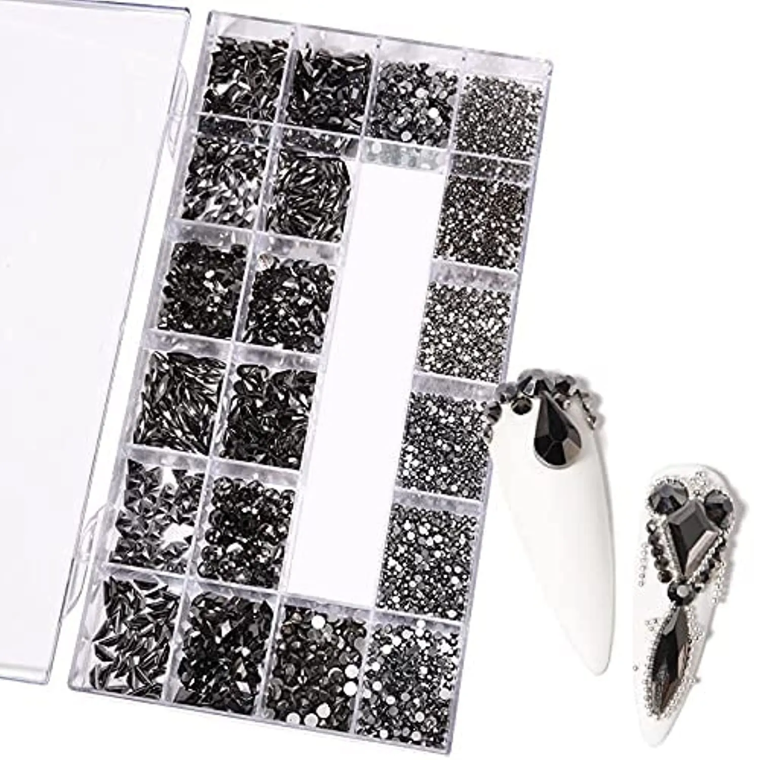 Yzzseven 12 Types of 600 Diamonds  2500 Flat Rhinestones Mix 20 Styles Flatback Rhinestone Crystals 3D Decorations Flat Back Stones Gems Set for for Nail Art DIY|（Mine black）