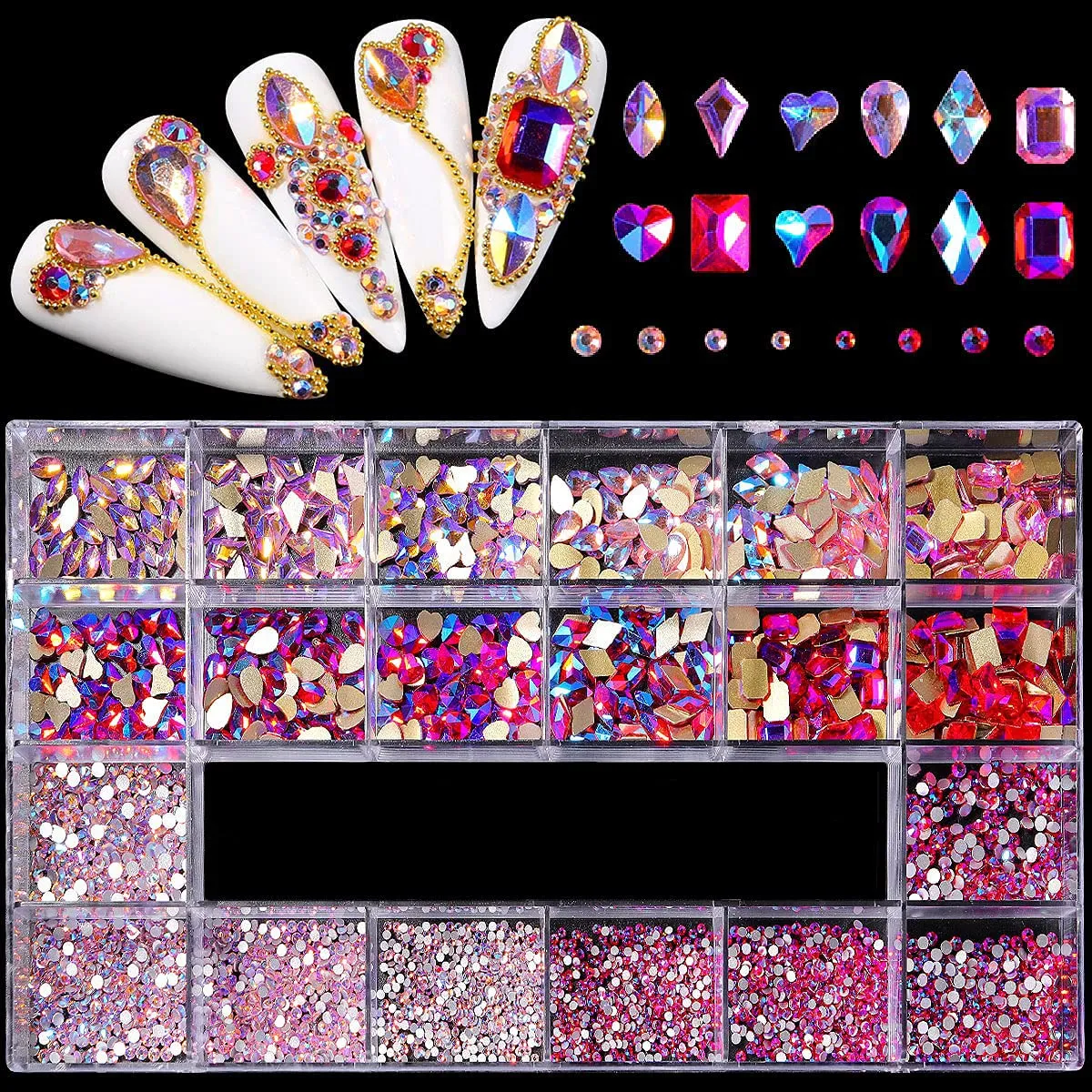 Yzzseven 12 Types of 600 Diamonds  2500 Flat Rhinestones Mix 20 Styles Flatback Rhinestone Crystals 3D Decorations Flat Back Stones Gems Set for for Nail Art DIY|（Mine black）
