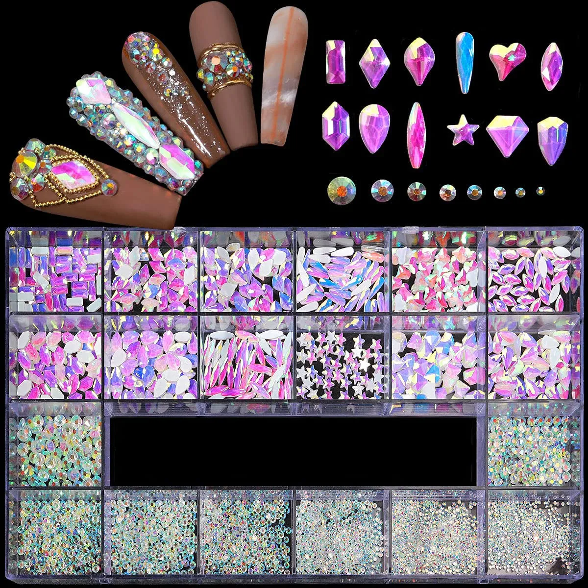 Yzzseven 12 Types of 600 Diamonds  2500 Flat Rhinestones Mix 20 Styles Flatback Rhinestone Crystals 3D Decorations Flat Back Stones Gems Set for for Nail Art DIY|（Mine black）